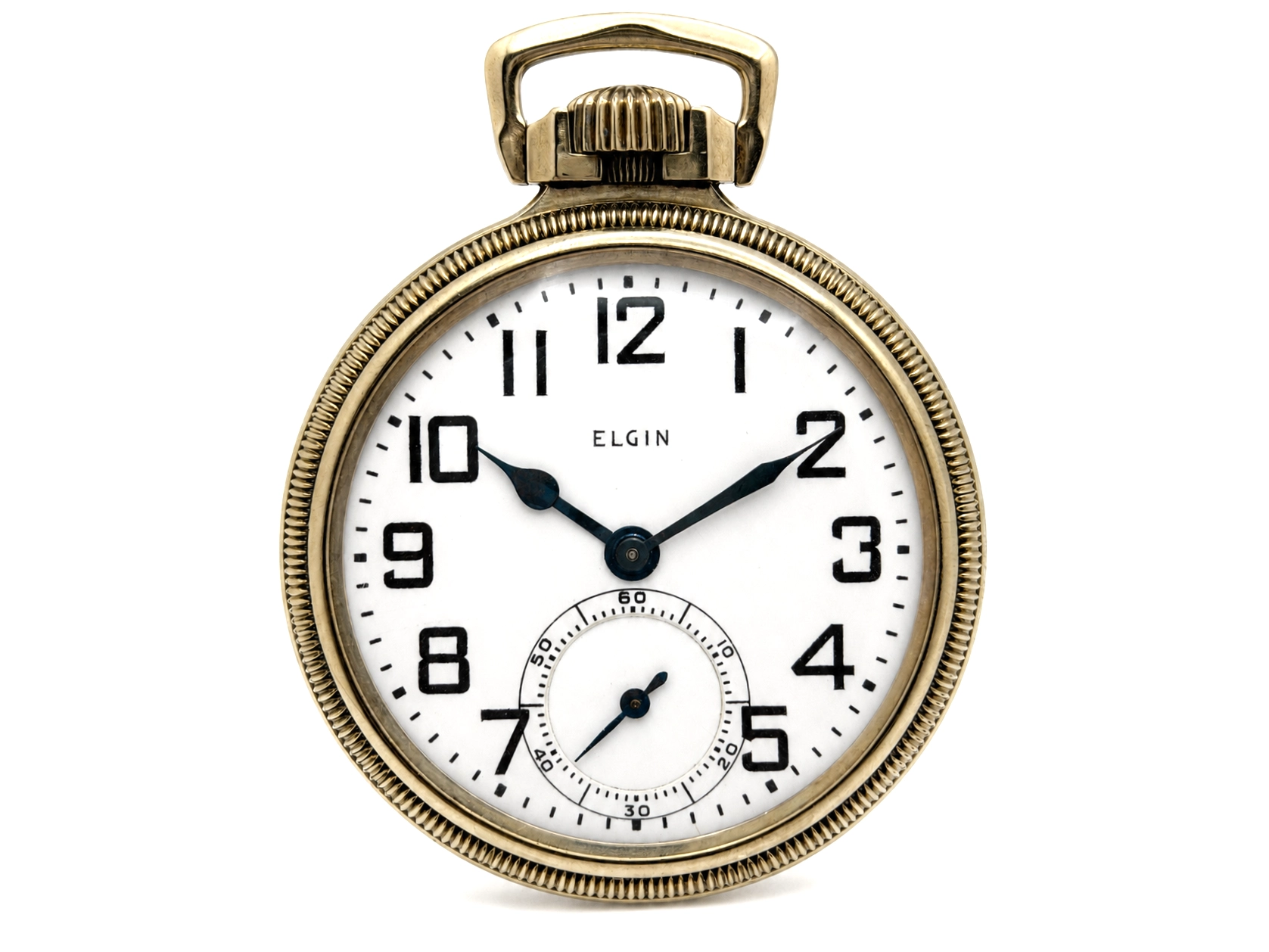 Gold-toned pocket watch with white dial, Arabic numerals, and small seconds subdial at 6 o'clock.