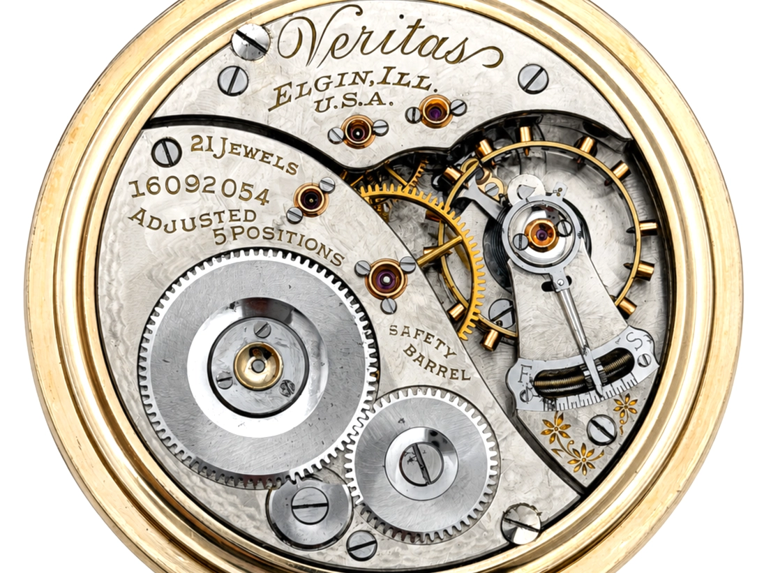 Open pocket watch movement showing 21 jewels, safety barrel, and gear train with amber-colored jewel settings.