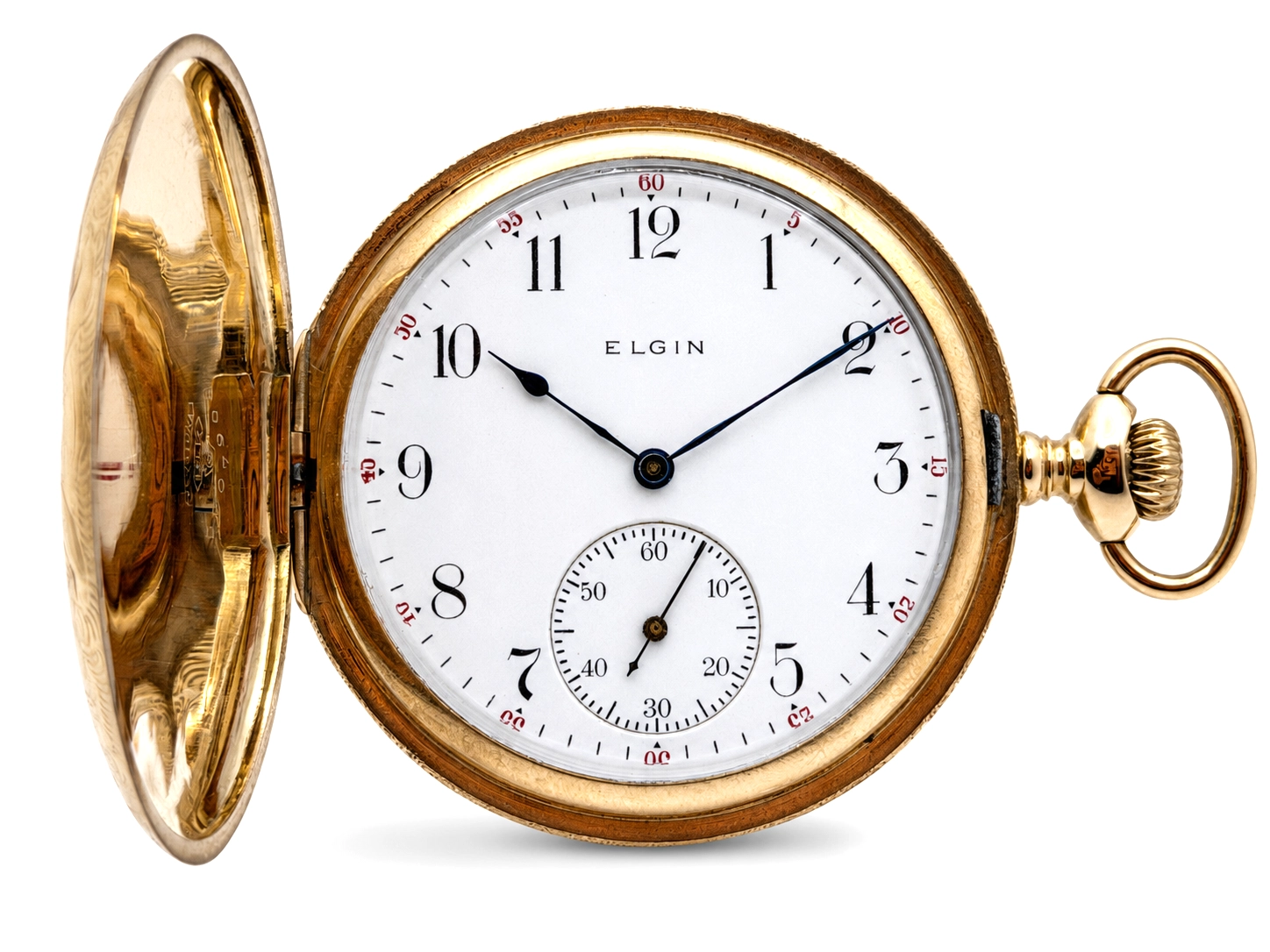 Gold hunting case pocket watch with white dial, Arabic numerals, subsidiary seconds dial, and open front cover.