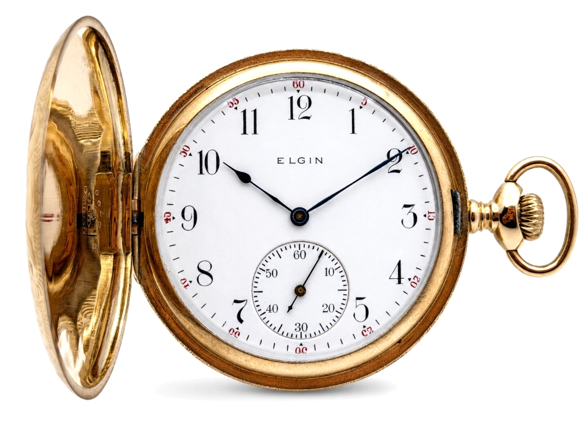 Gold hunting case pocket watch with white dial, Arabic numerals, subsidiary seconds dial, and open front cover.