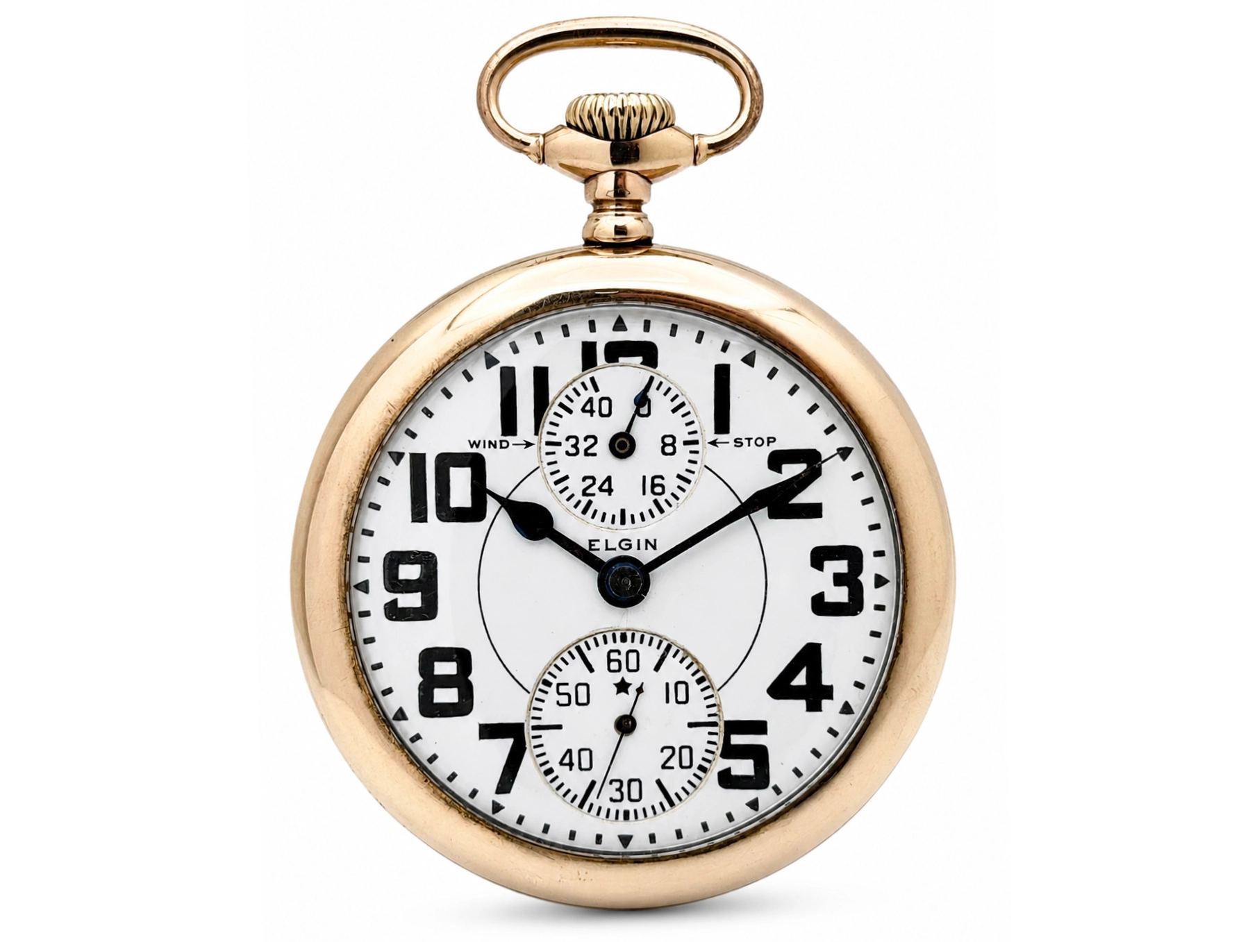 Elgin Veritas 453 Up/Down Wind (1920) — front dial view with large Arabic numerals, subsidiary chronograph dials above and below, bow and…