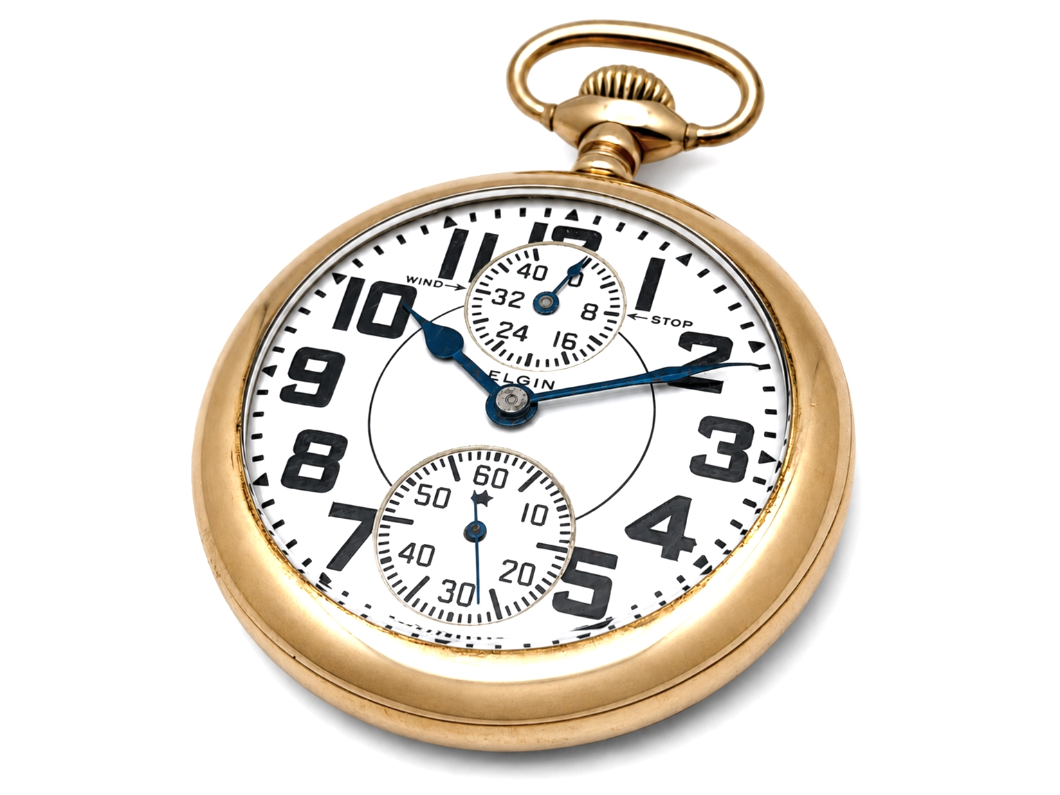 Elgin Veritas 453 Up/Down Wind (1920) — front dial with large Arabic numerals, two subsidiary chronograph subdials, and blue hands