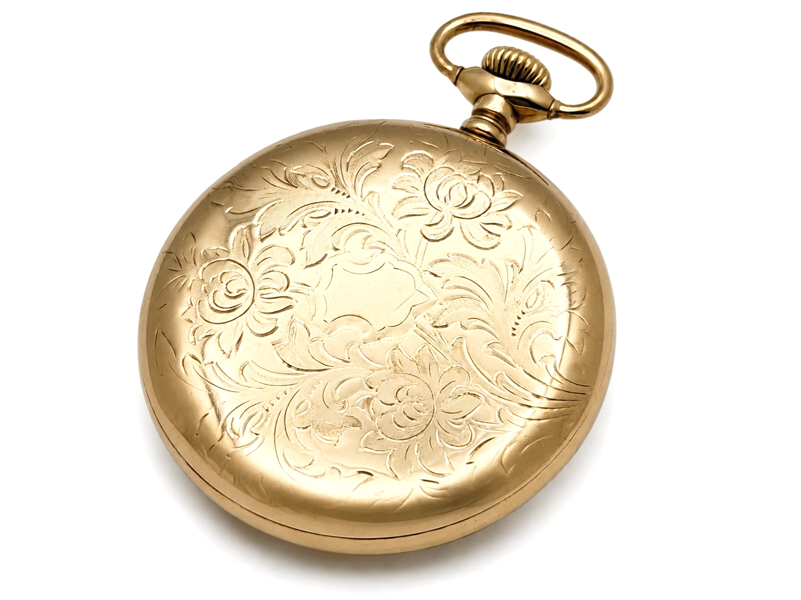 Elgin Veritas 453 Up/Down Wind (1920) — closed case back with deep floral scrollwork engraving across entire surface