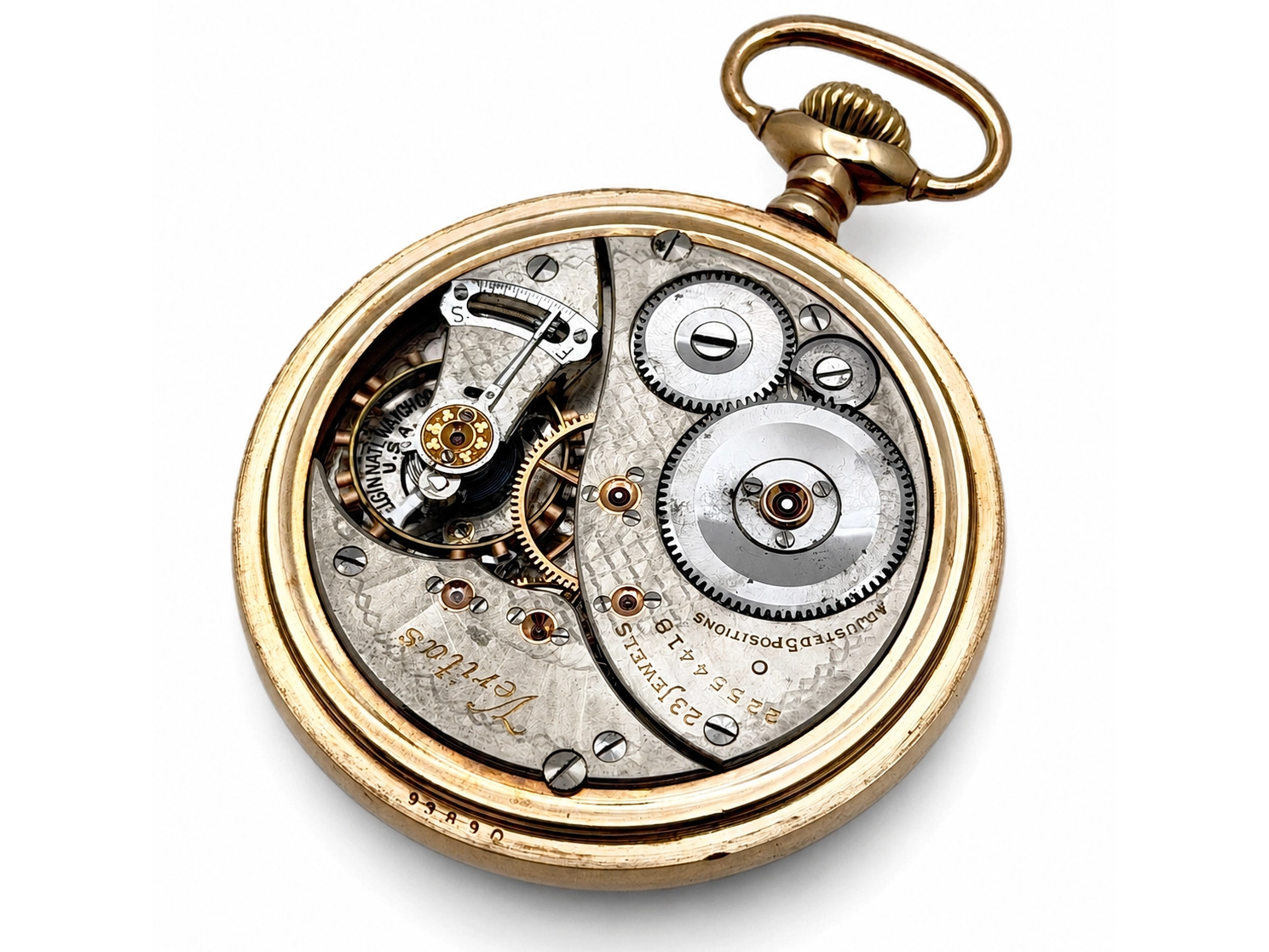 Elgin Veritas 453 Up/Down Wind (1920) — open movement with decorated balance wheel, large gear wheels, jeweled settings, and engraved…
