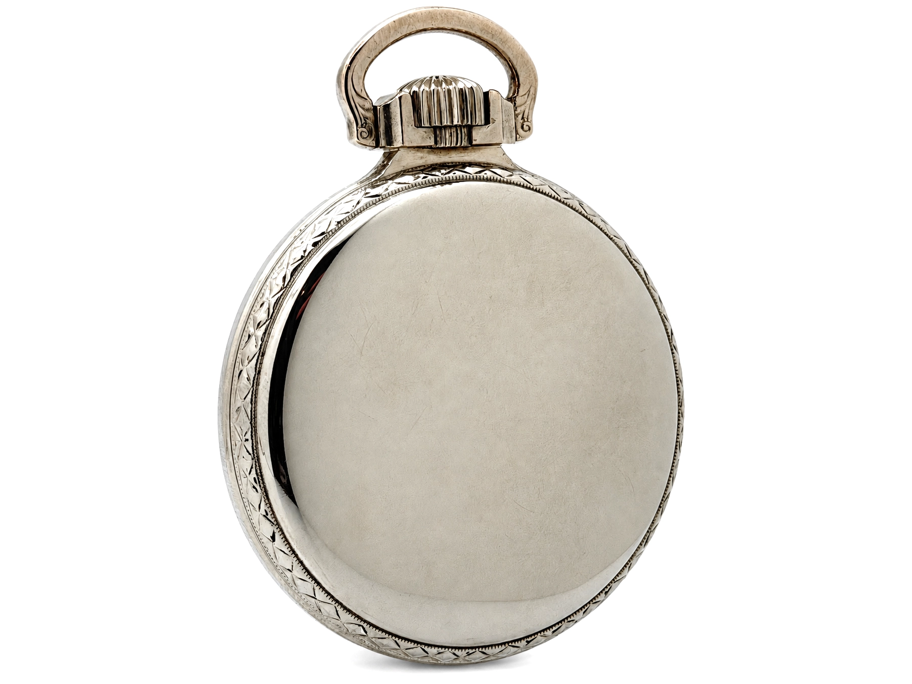 Elgin B.W. Raymond Grade 478 (1926) — engraved silver case back with decorative border pattern and hinged bail loop