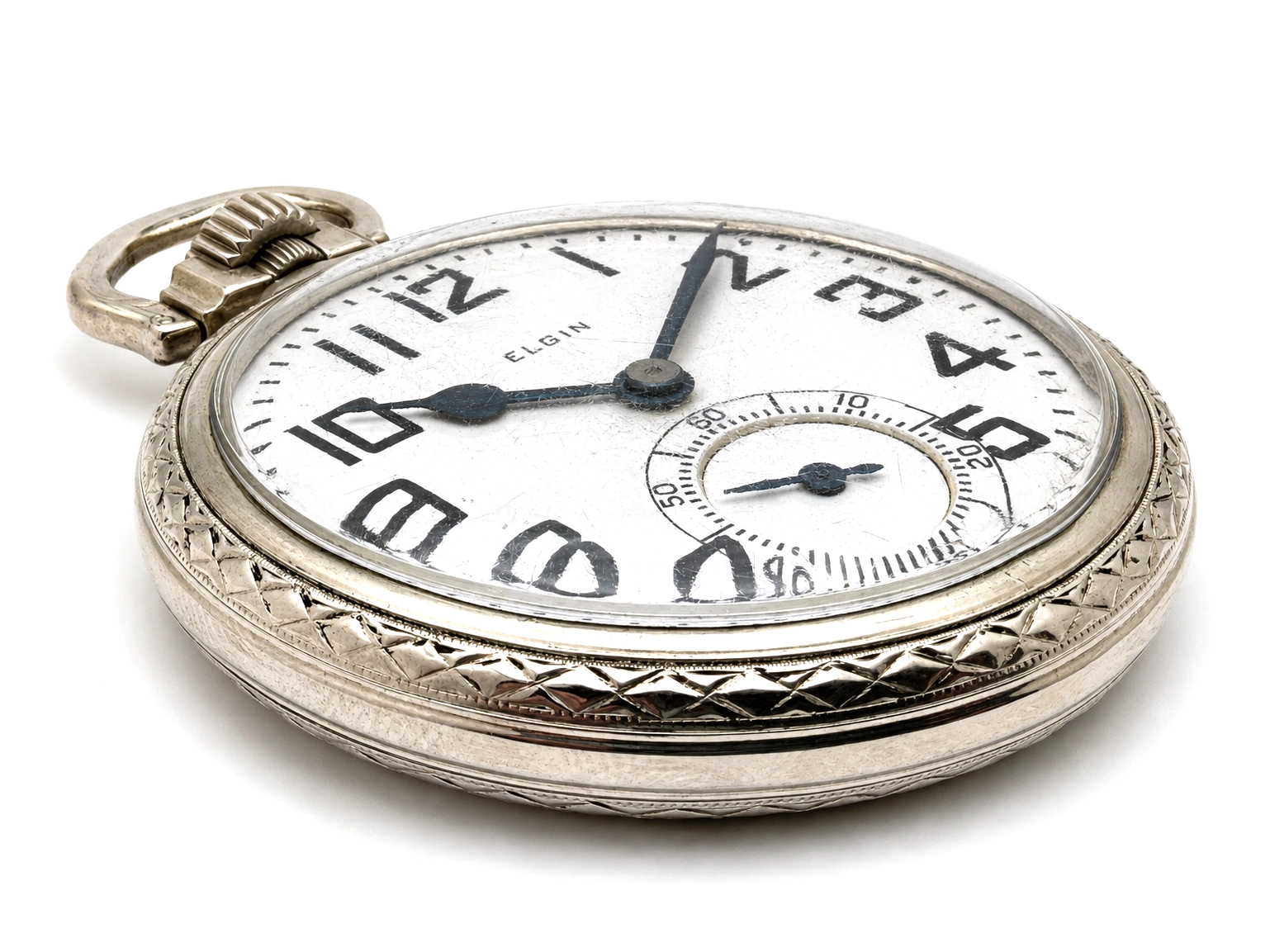 Elgin B.W. Raymond Grade 478 (1926) — open pocket watch with white dial, Arabic numerals, subsidiary seconds dial, ornate engraved case