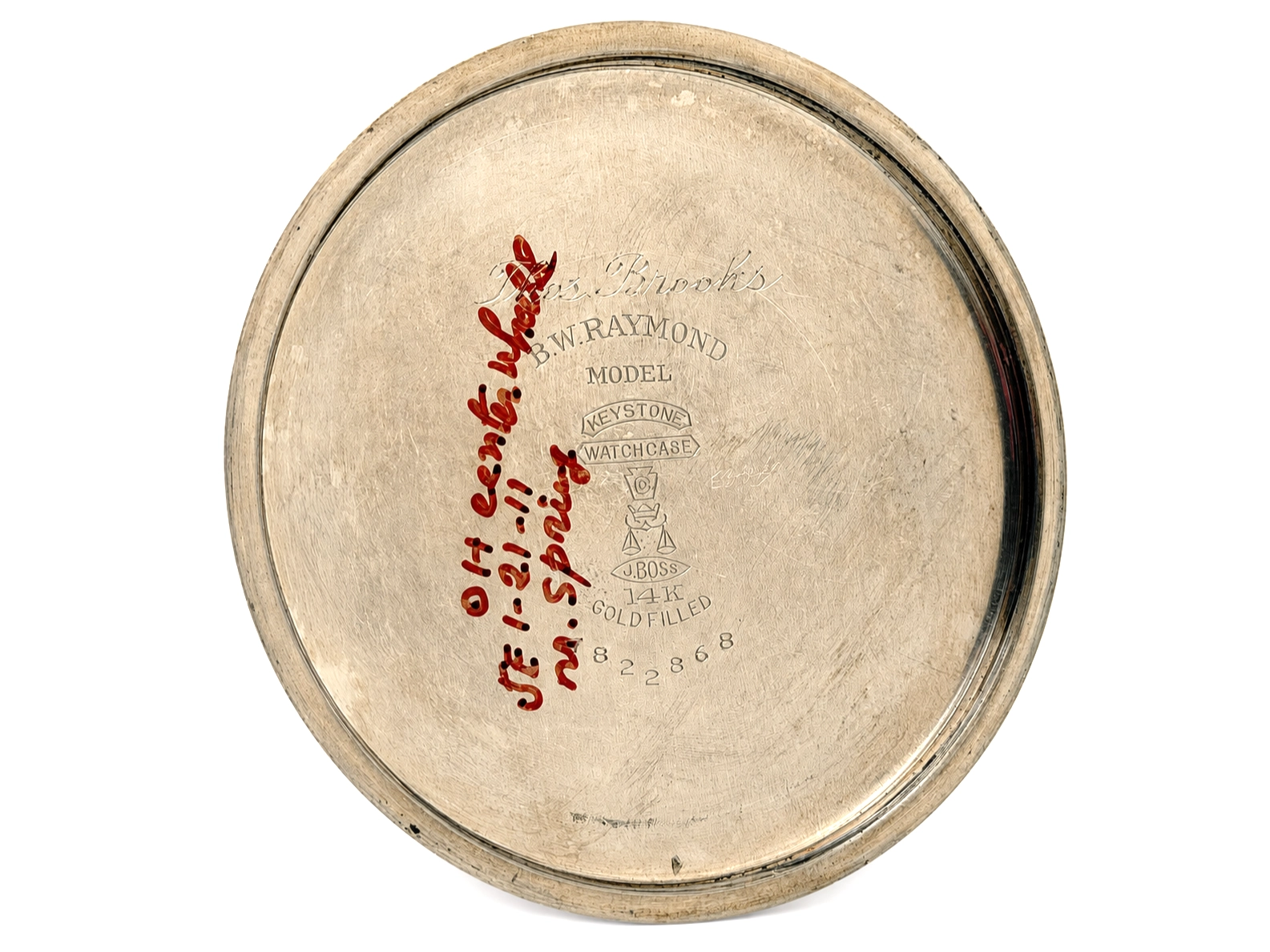 Elgin B.W. Raymond Grade 478 (1926) — case back with engraved inscription, model and maker marks, gold filled designation, serial number…
