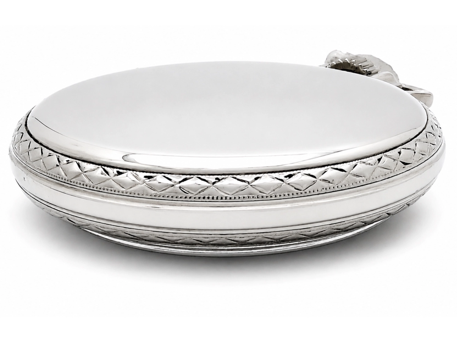 Elgin — closed silver case with polished lid and engraved decorative band around edge