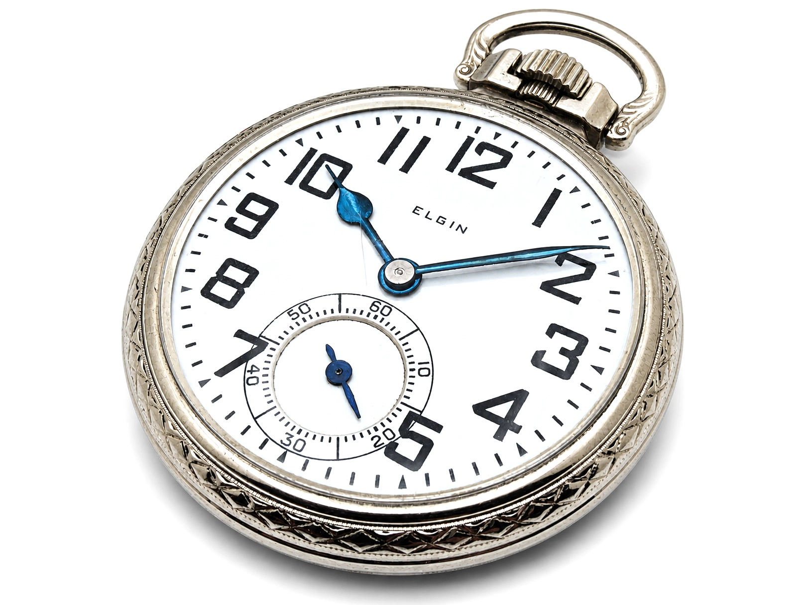 Elgin B.W. Raymond Grade 478 (1926) — front dial with Arabic numerals, blued steel hands, subsidiary seconds dial at 6 o'clock, silver…