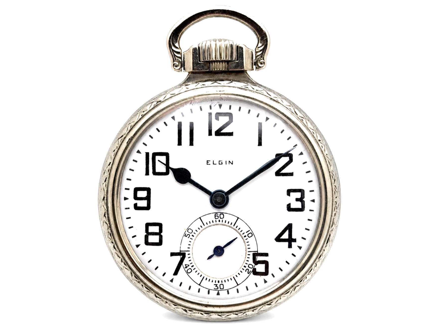 Elgin B.W. Raymond Grade 478 (1926) — front dial with Arabic numerals, subsecond dial at 6 position, black hands, decorative case with bow