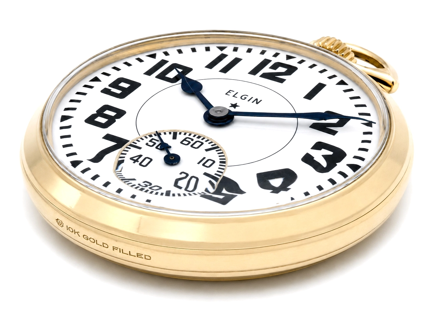 Gold-filled pocket watch with white dial, bold Arabic numerals, subsidiary seconds dial, and blue hands.