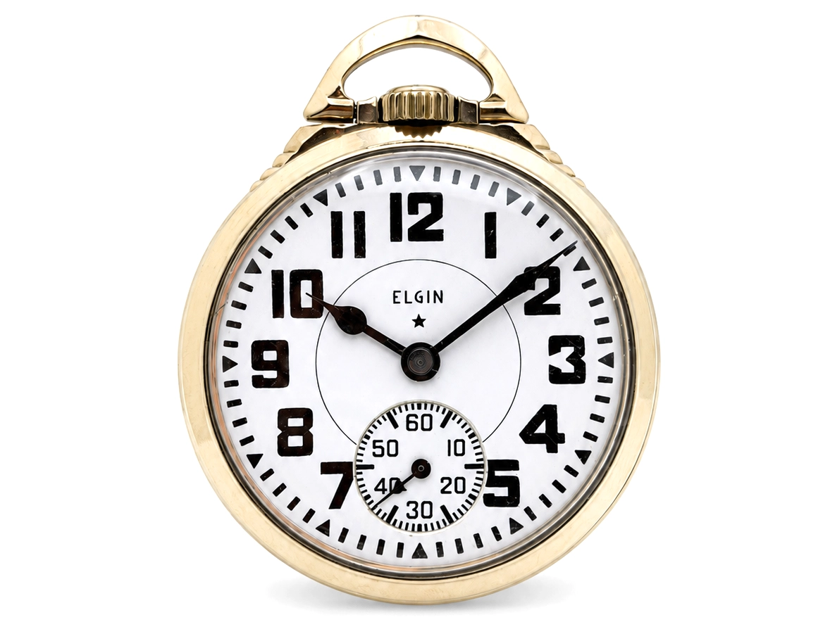 Antique Elgin pocket watch with white dial, bold Arabic numerals, subsidiary seconds dial, and gold-tone case.