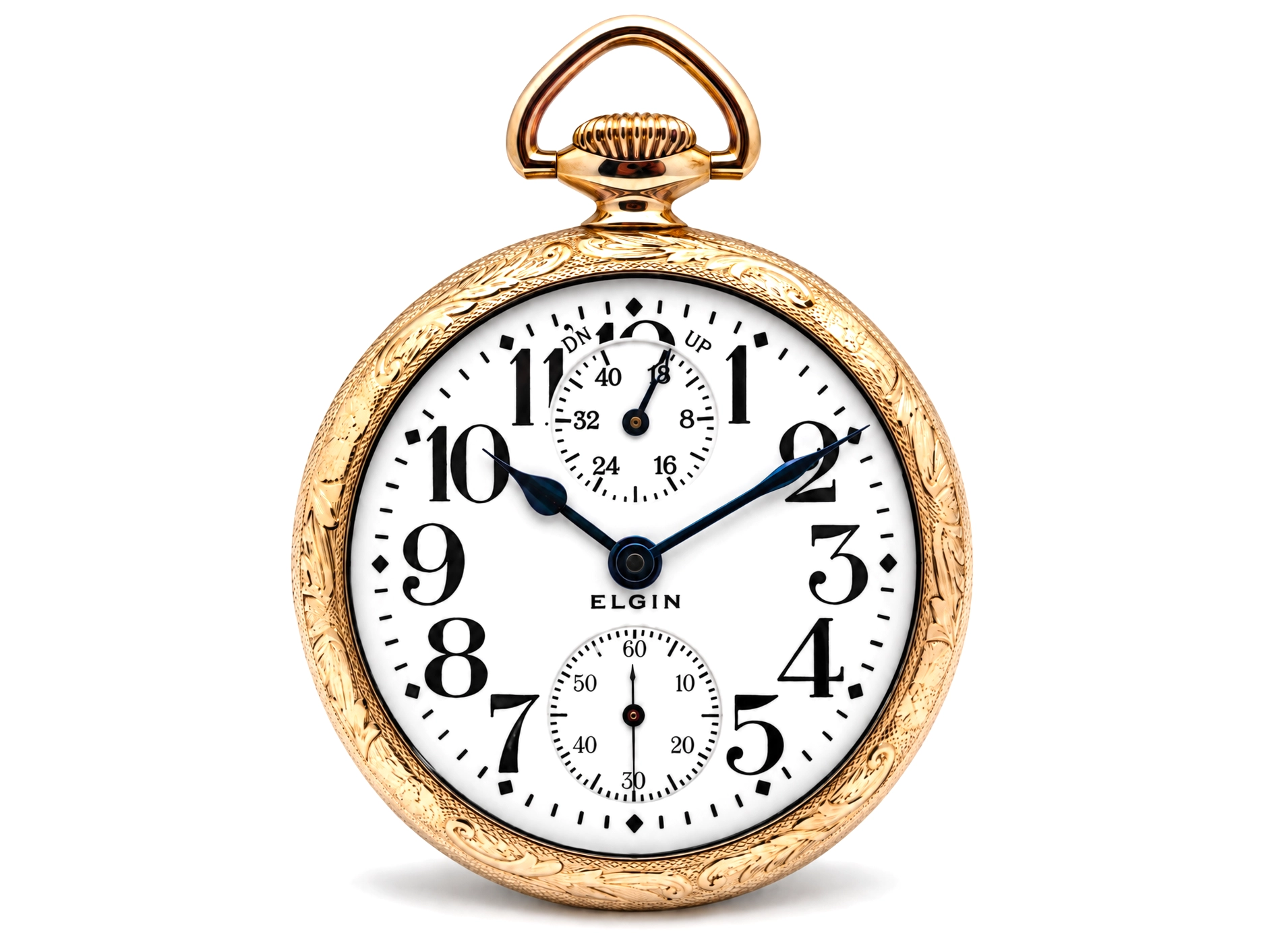 Elgin Father Time 374 with Up/Down Wind Indicator (1917) — white enamel dial with Arabic numerals, subsidiary dials with up/down wind…