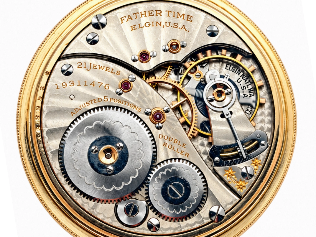 Elgin Father Time 374 with Up/Down Wind Indicator (1917) — open movement with sunburst damaskeening, decorated wheels, ruby jewels, and…