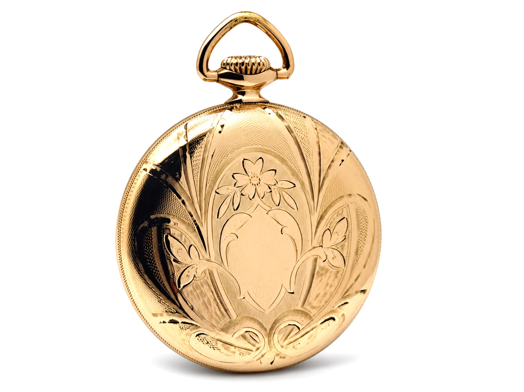 Elgin Father Time 374 with Up/Down Wind Indicator (1917) — case back with engraved floral motif and scrollwork, polished yellow field with…