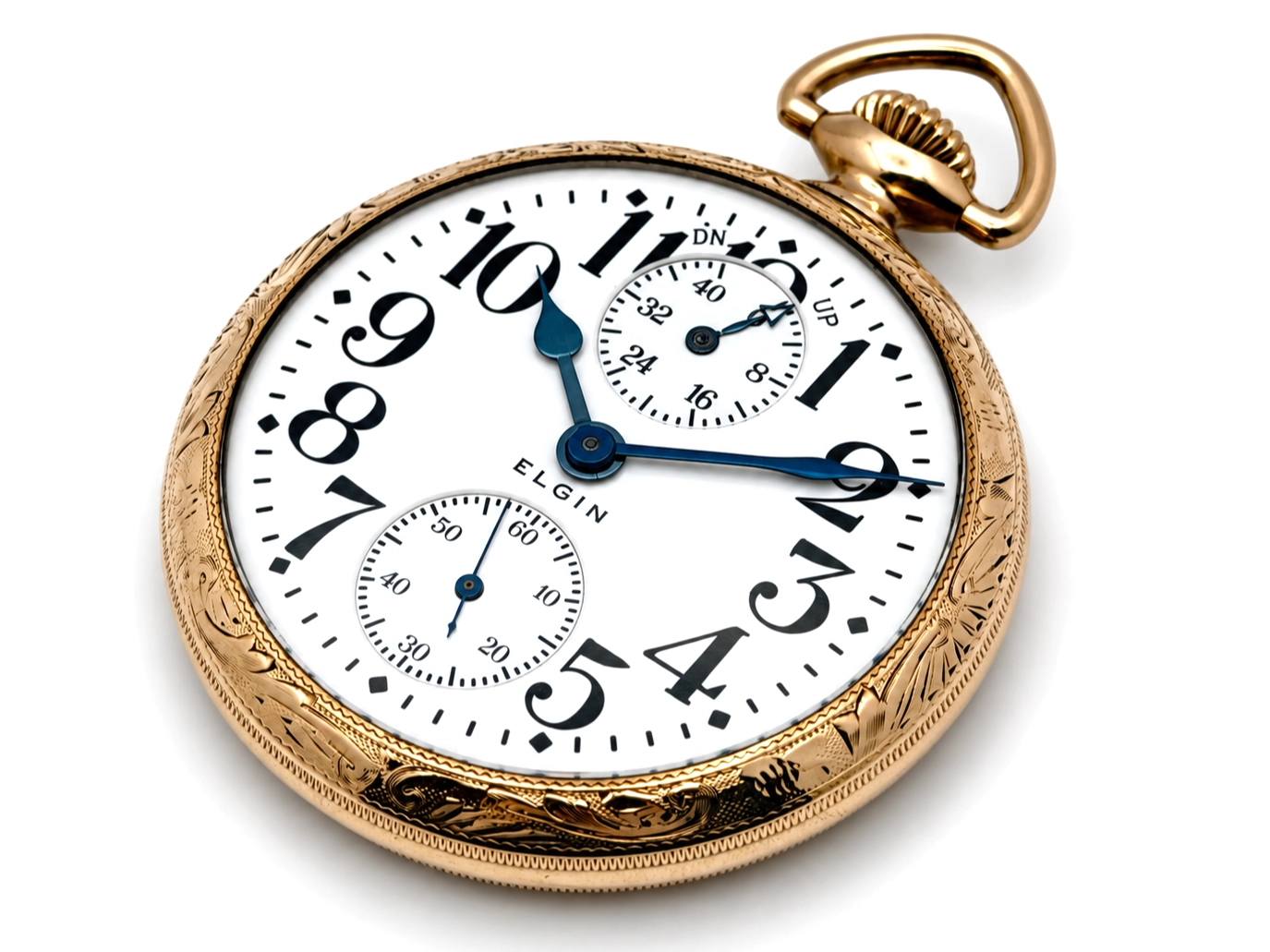 Elgin Father Time 374 with Up/Down Wind Indicator (1917) — white enamel dial with black Arabic numerals, two subsidiary dials, blued steel…