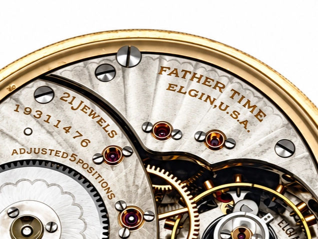 Elgin Father Time 374 with Up/Down Wind Indicator (1917) — open movement with decorated damaskeened wheels, jewel settings, and subsidiary…