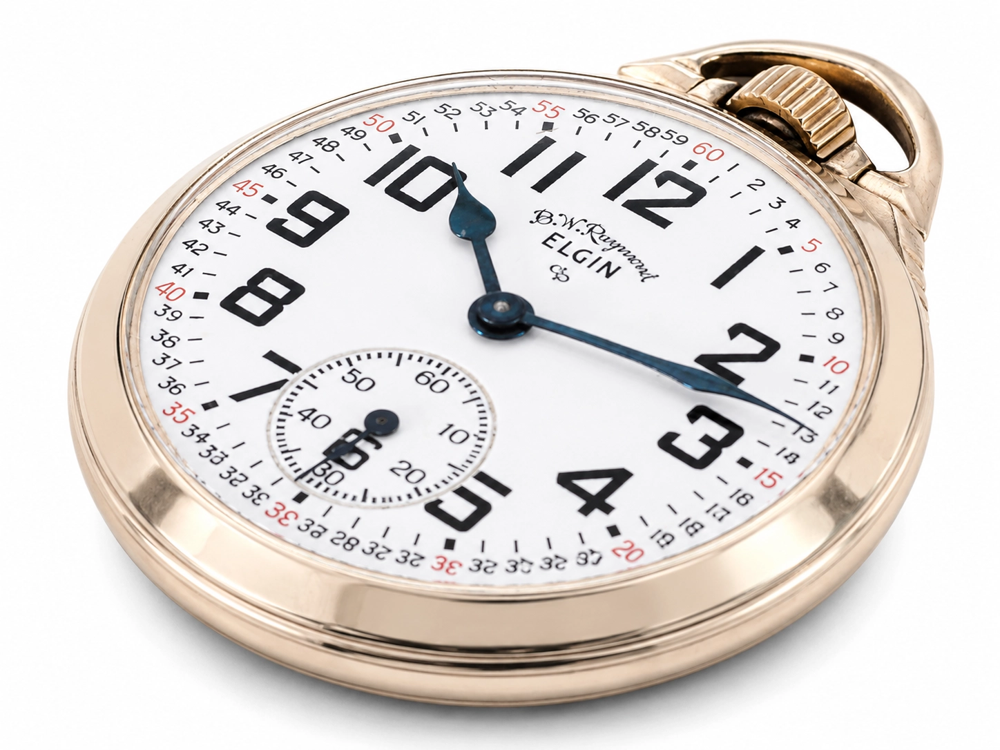 Elgin pocket watch with white dial, bold Arabic numerals, blue hands, and subsidiary seconds dial.