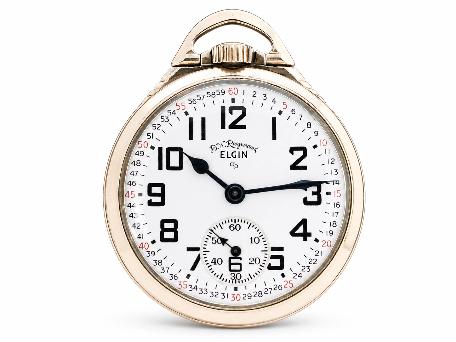 Open-face pocket watch with white dial, large black Arabic numerals, subsidiary seconds dial, and polished metal case with bow.