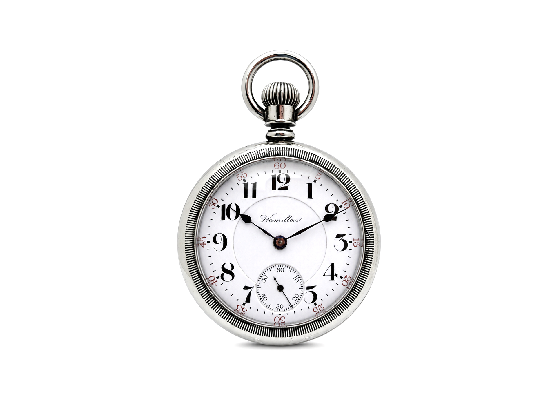 Open-face pocket watch with white dial, Arabic numerals 1-12, subsidiary seconds dial at 6 o'clock, and polished case.