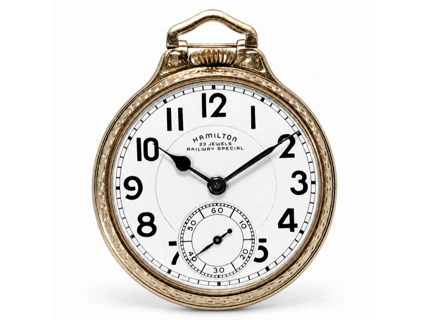 Gold pocket watch with white dial, black Arabic numerals, subsidiary second dial, and ornate case.