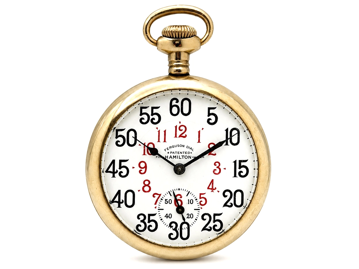 Gold pocket watch with white dial, black and red hands, chronograph subdial, and loop bail at top.