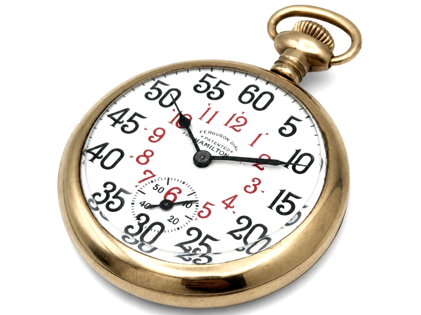 Gold-tone pocket watch with white dial, red and black numerals, subsidiary seconds dial, and leaf hands.