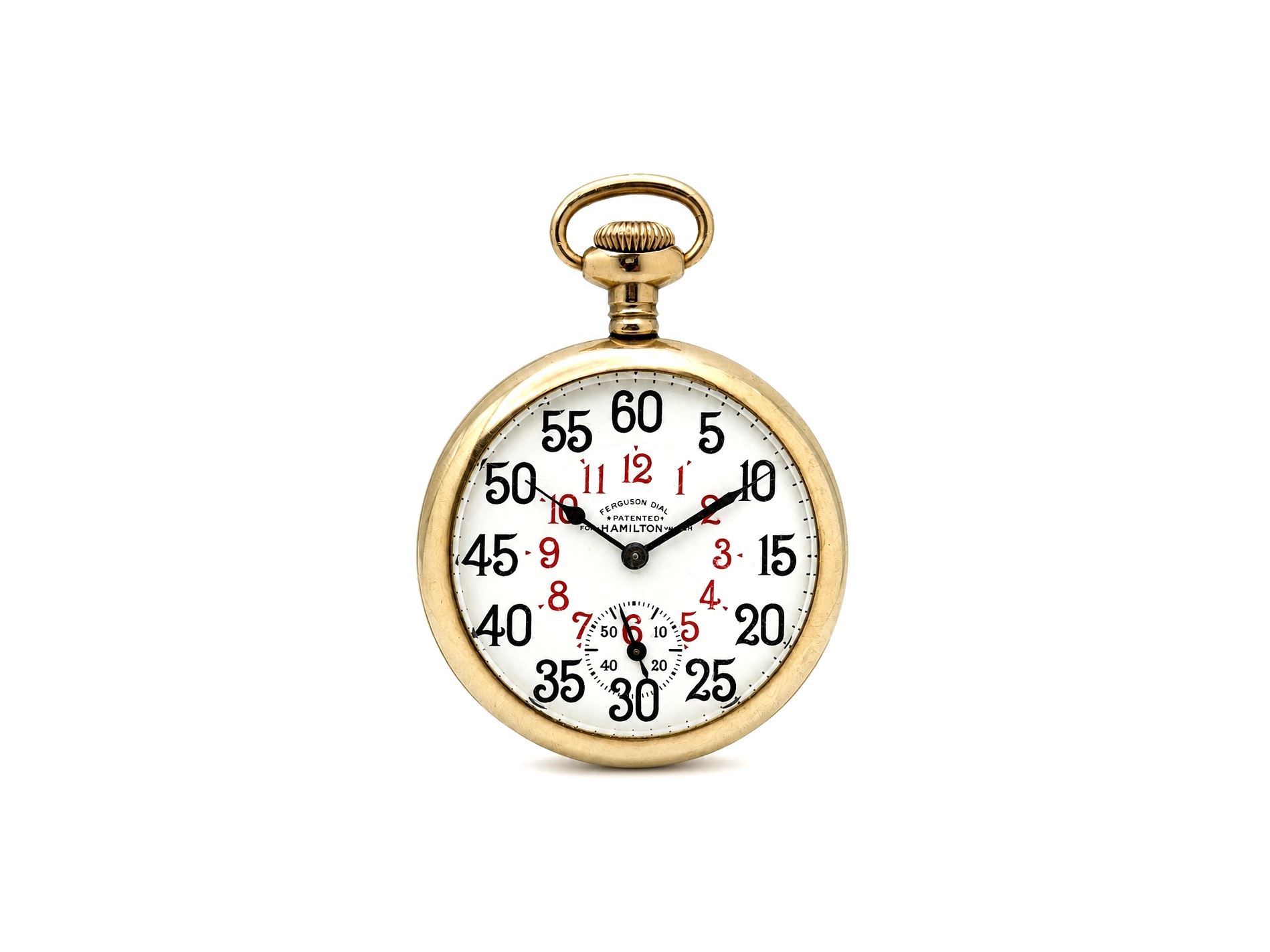 Gold pocket watch with white dial, black and red hands, chronograph subdial, and loop bail at top.