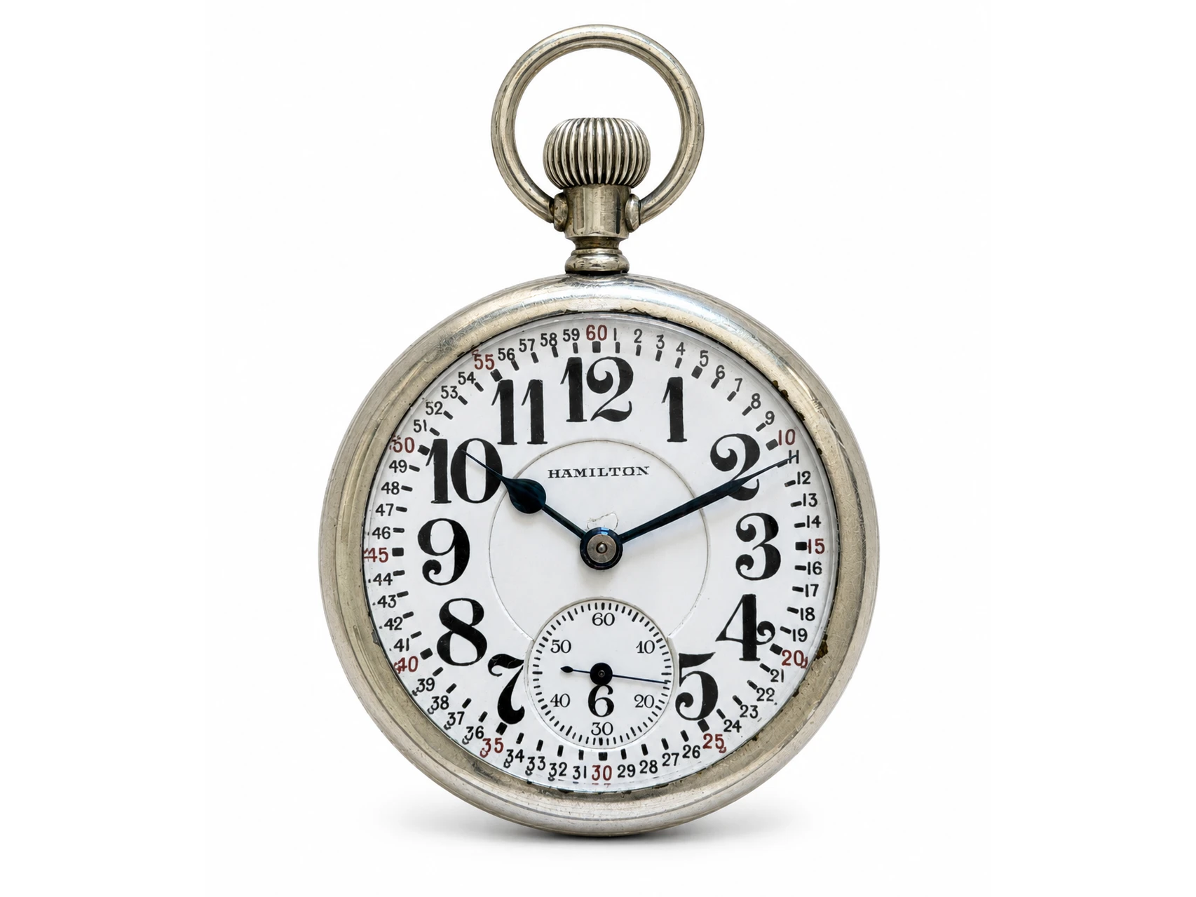 Open face pocket watch with white dial featuring bold Arabic numerals, subsidiary seconds dial, and blued hands.