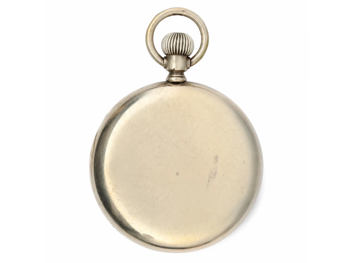 Polished silver case back with ornamental round bail and vertical ribbed crown.