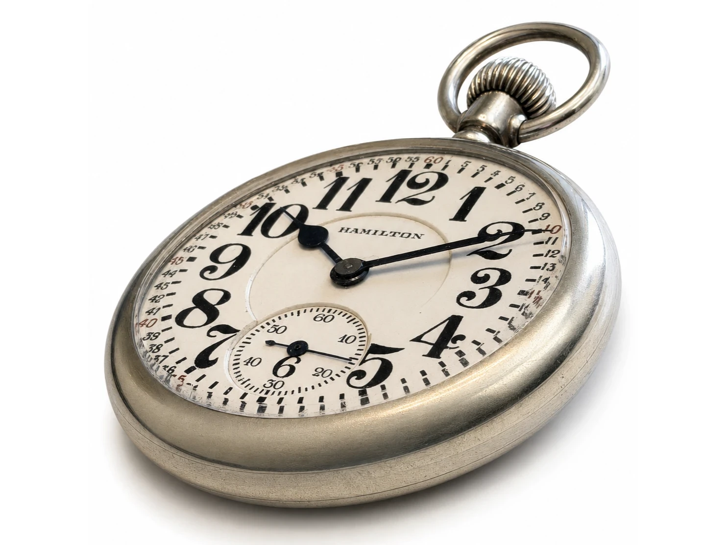 Silver pocket watch with cream dial, Arabic numerals, subsidiary seconds dial, and applied hour markers.