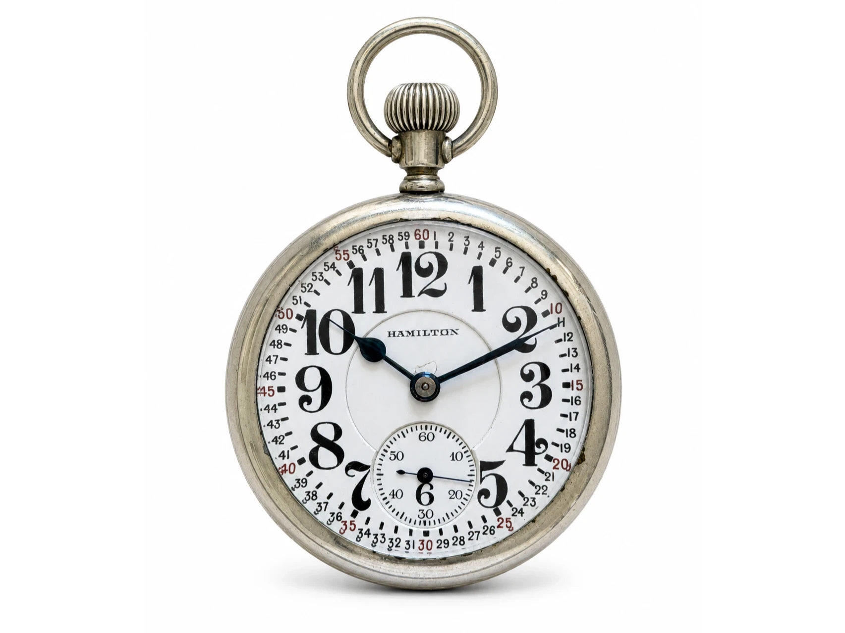 Silver pocket watch with white dial, bold Arabic numerals, subsidiary seconds dial, and ornate bail loop.