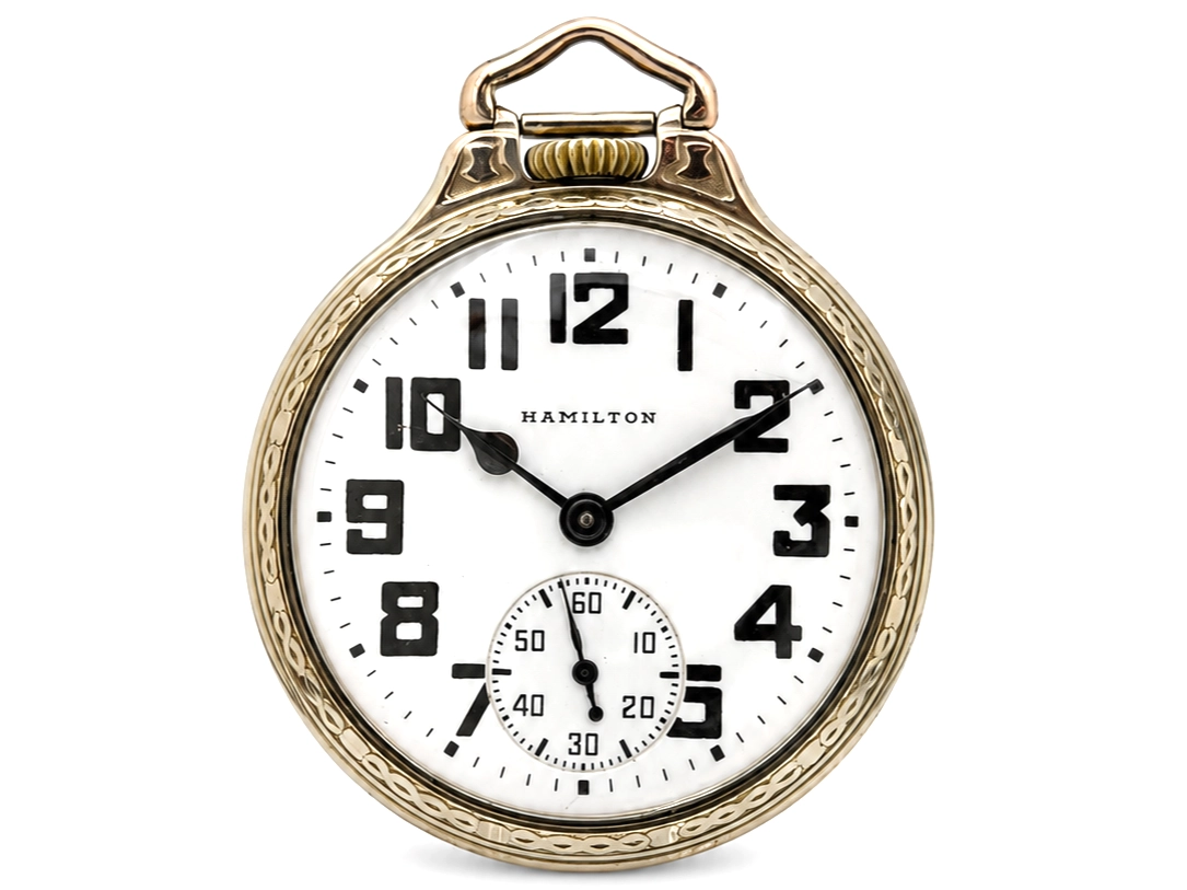 Hamilton pocket watch with white dial, bold Arabic numerals, black hands, and subdial.