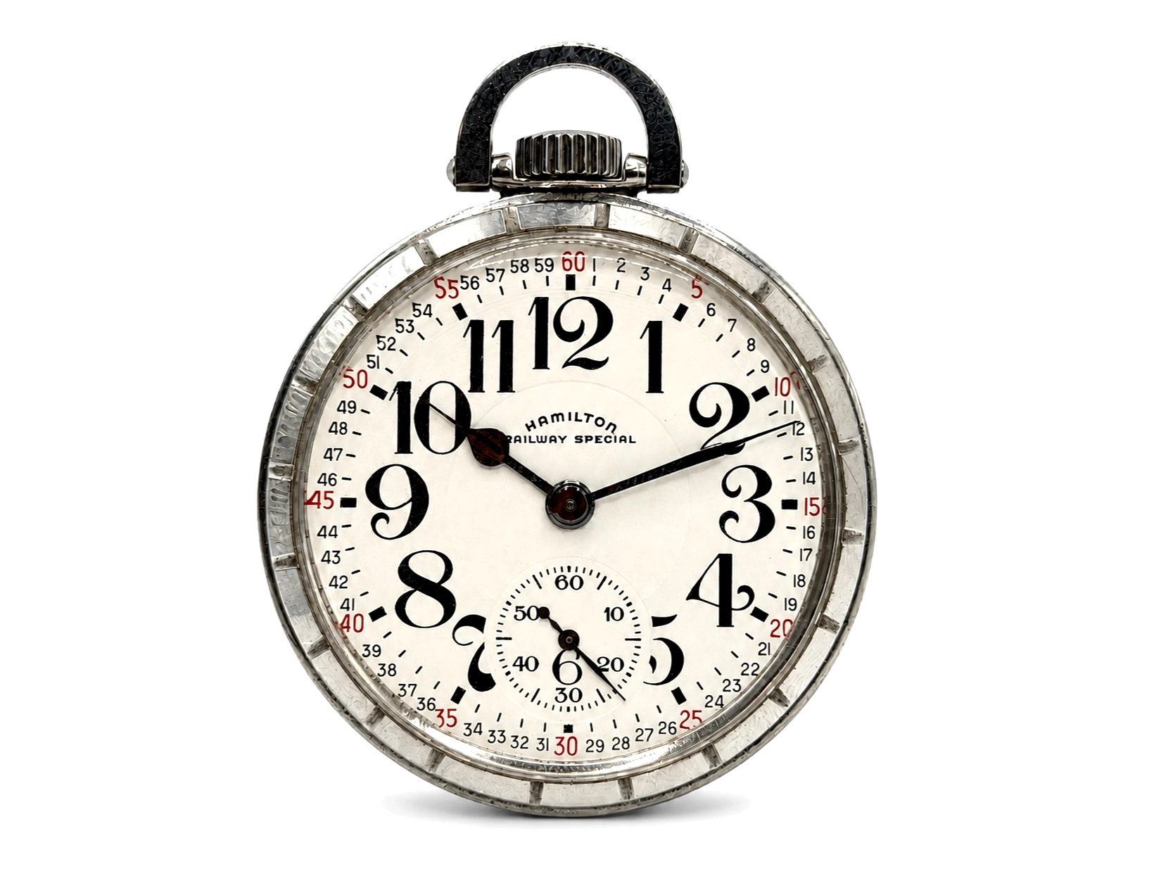Antique pocket watch with silver dial, black Arabic numerals, subsidiary seconds dial, and twin handles on case back.