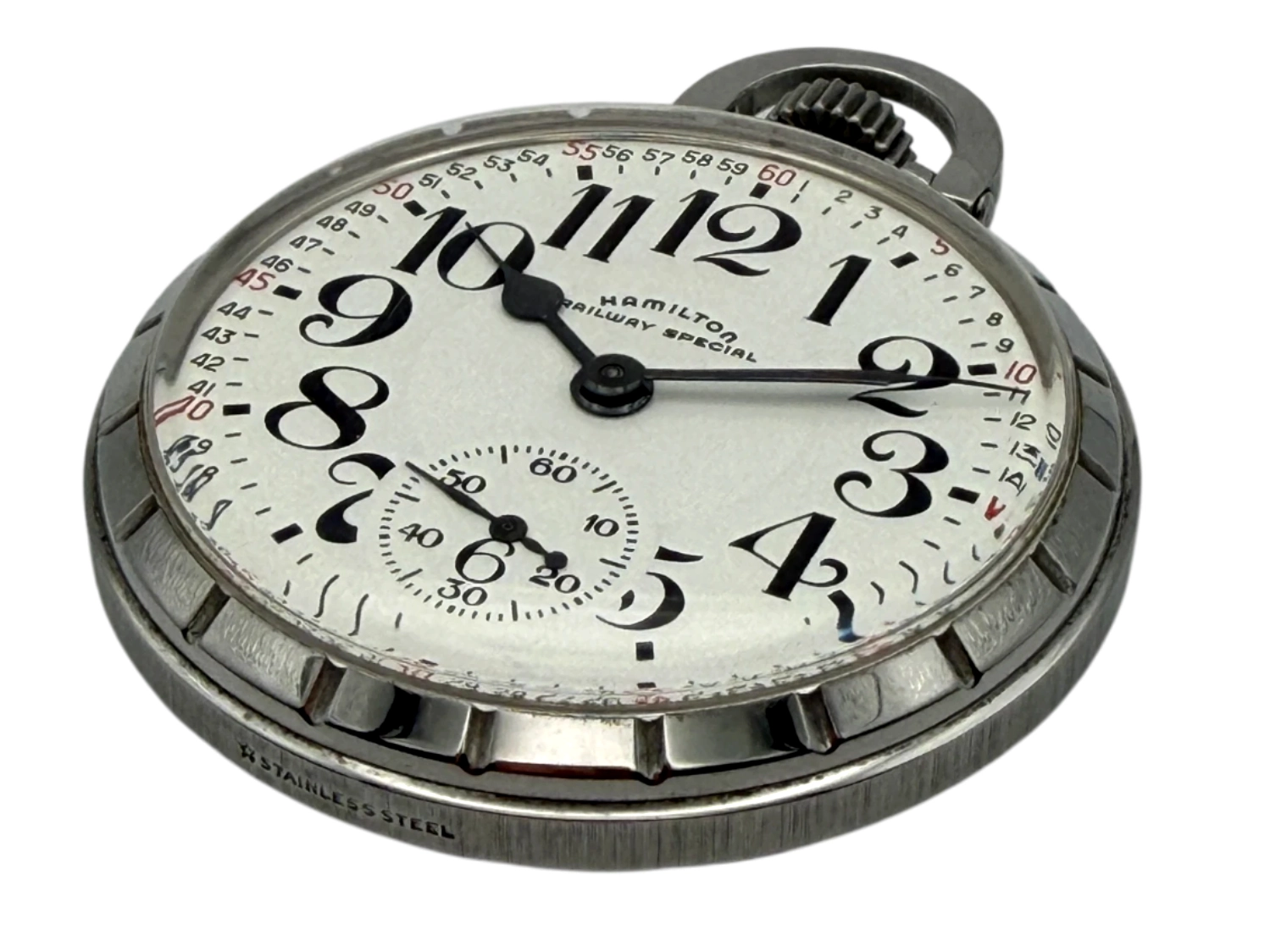 Silver pocket watch with white dial, large Arabic numerals, subsidiary second dial, black hands, and coin-edge bezel.