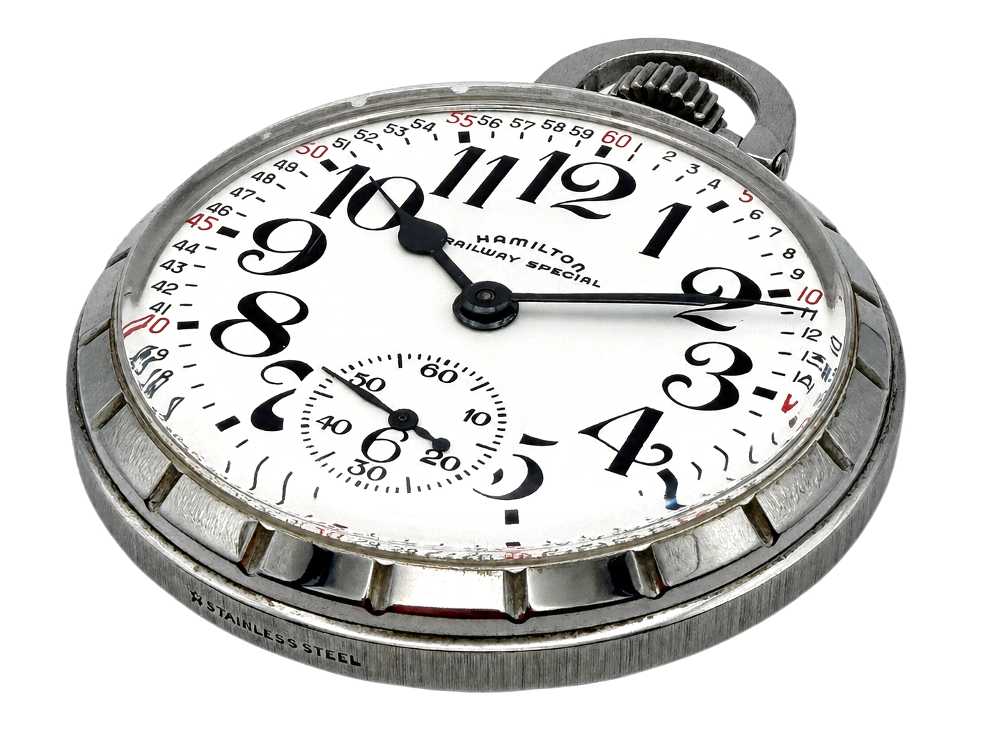 Open face pocket watch with white dial, bold Arabic numerals, subsidiary seconds dial, and stainless steel case.