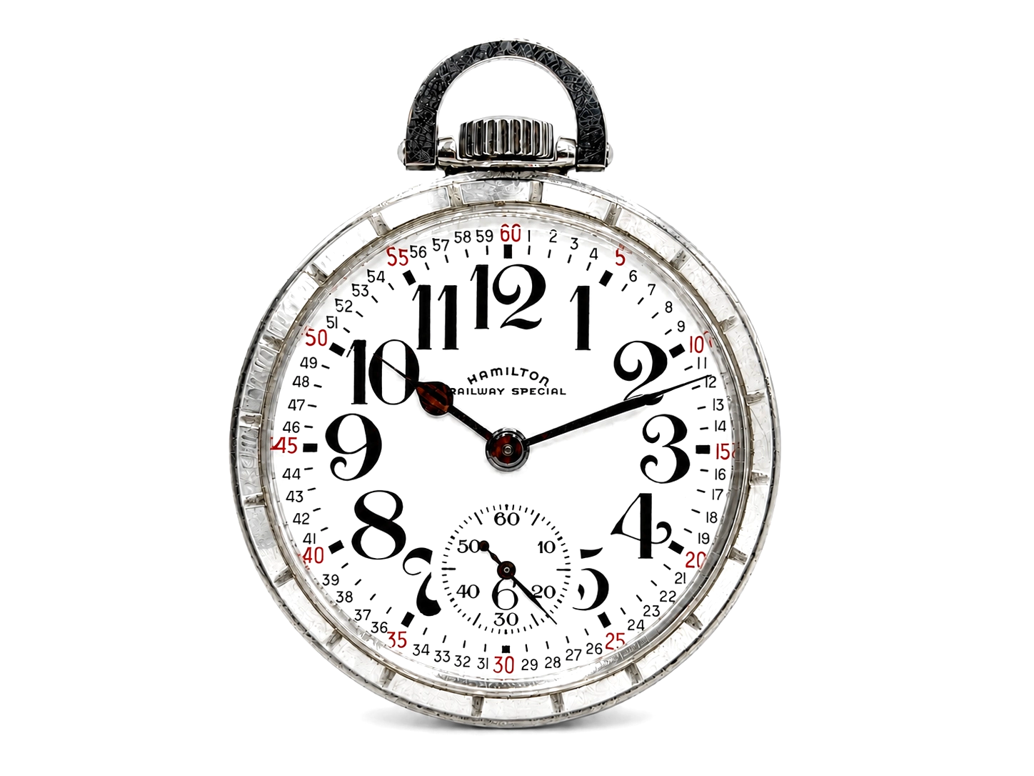 White dial pocket watch with bold black Arabic numerals, subsidiary seconds dial, and metal case with bail handle.