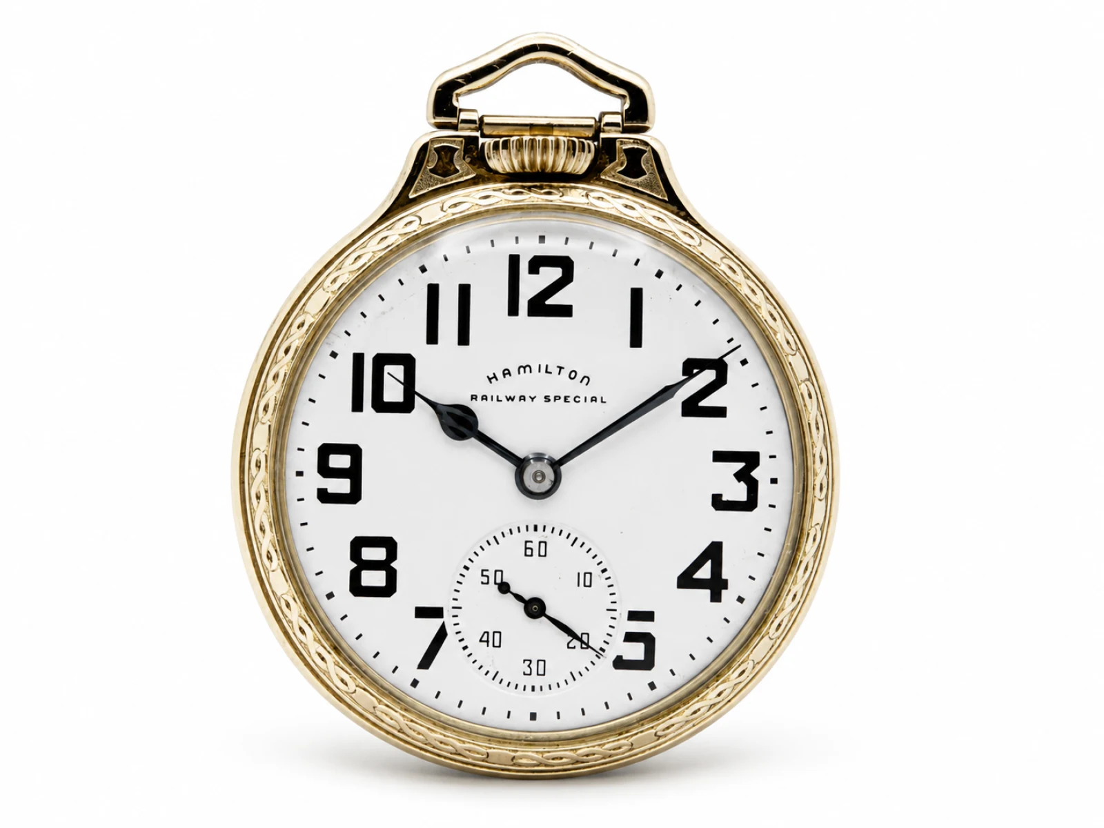 Hamilton 992B in Model 17 Case with Mauve Box (1961) — white Hamilton Railway Special dial with bold Arabic numerals and black spade hands