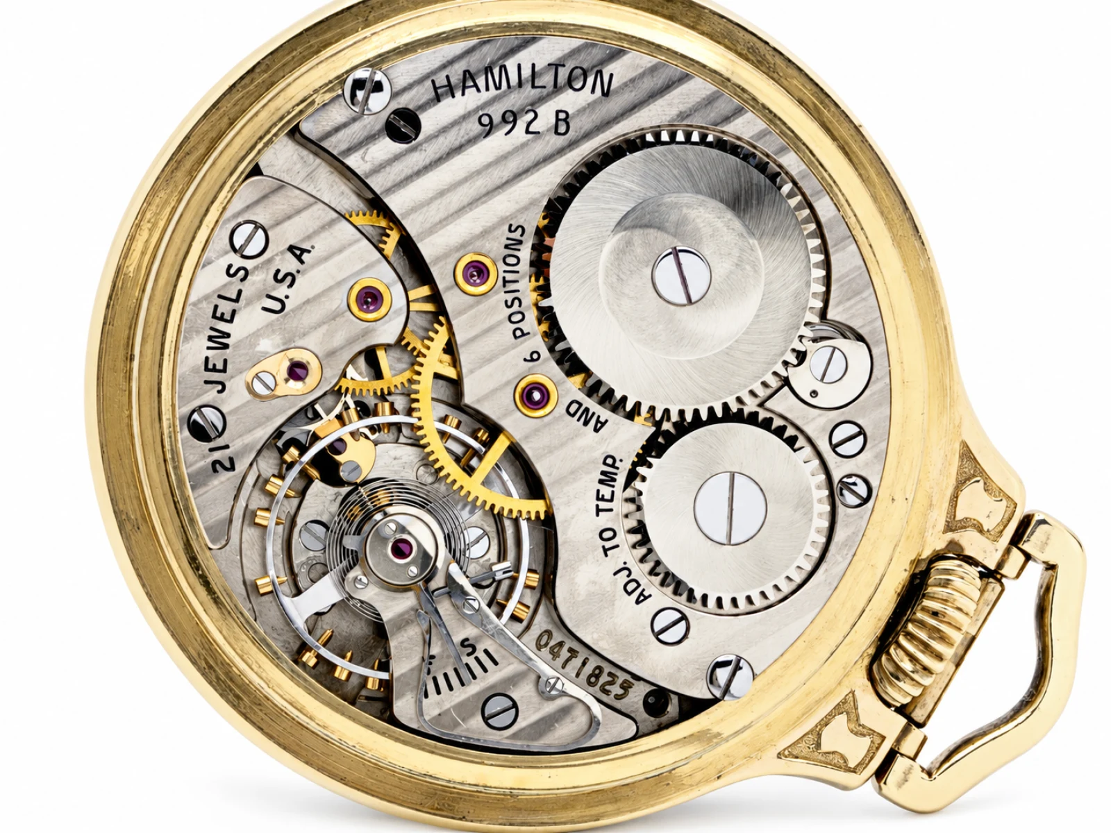 Hamilton 992B in Model 17 Case with Mauve Box (1961) — 992B 21 jewel nickel movement with straight-line damaskeening, adjusted to temperature and 6 positions, serial C471825