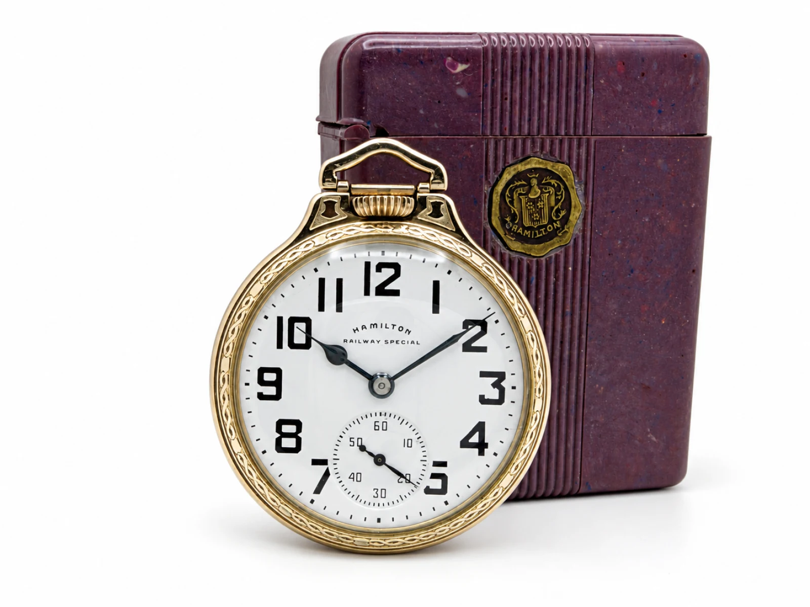 Hamilton 992B in Model 17 Case with Mauve Box (1961) — watch with its mauve Hamilton presentation box