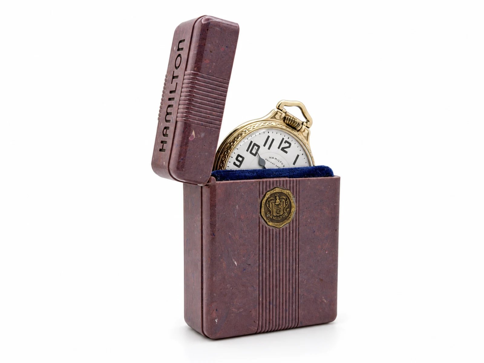 Hamilton 992B in Model 17 Case with Mauve Box (1961) — watch standing in the open Hamilton presentation box on blue velvet