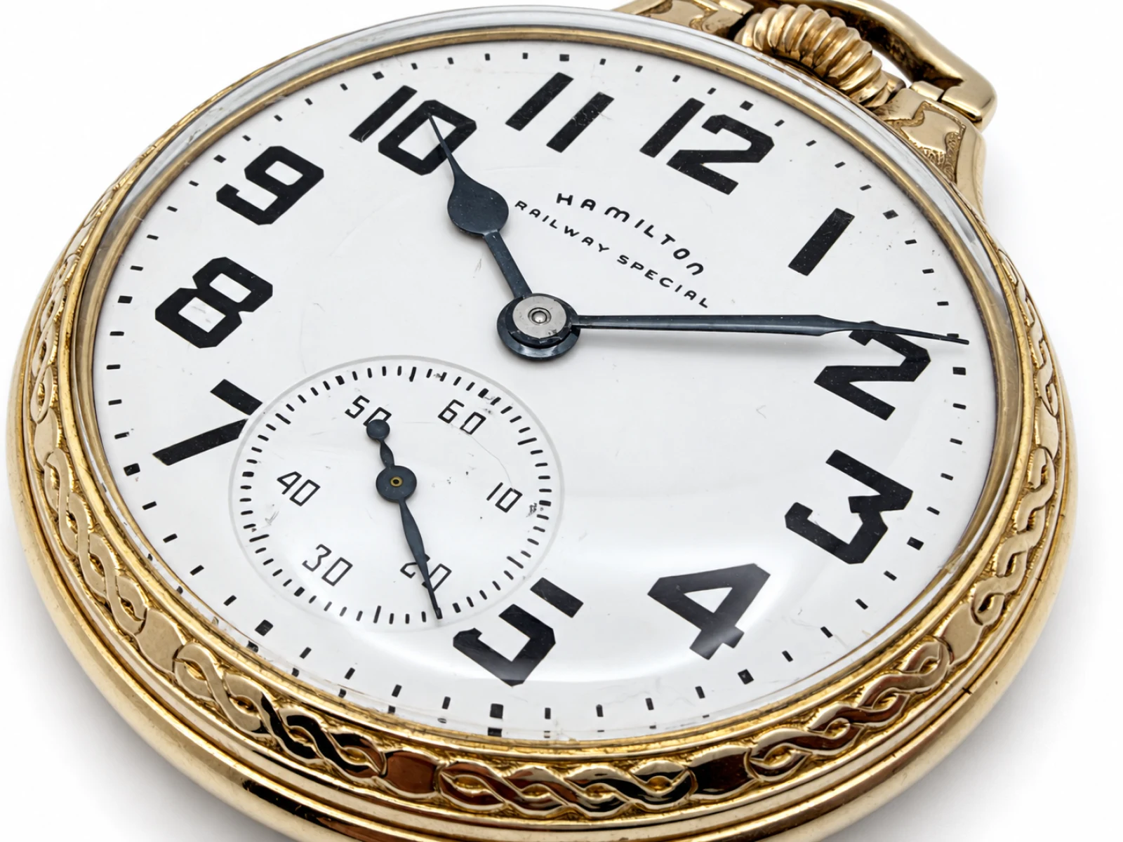 Hamilton 992B in Model 17 Case with Mauve Box (1961) — close view of the Railway Special dial and hands