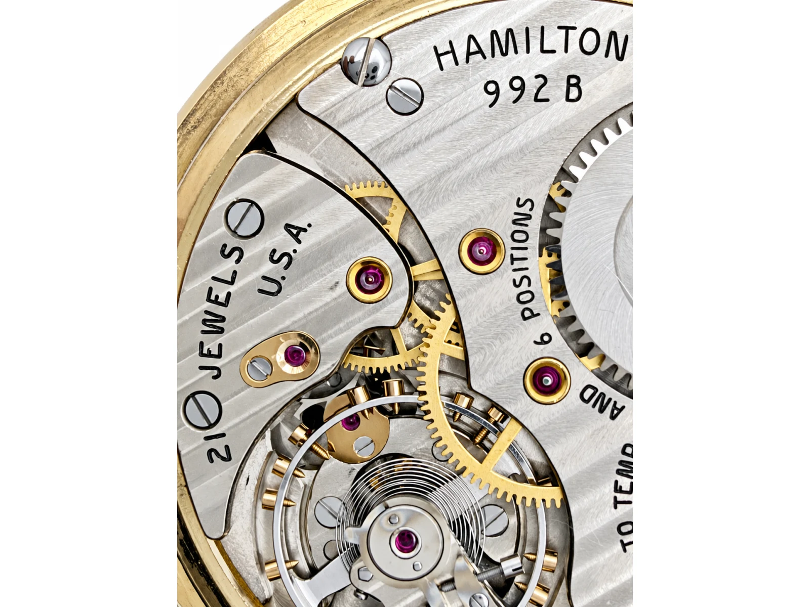Hamilton 992B in Model 17 Case with Mauve Box (1961) — jewels in gold settings and the balance wheel