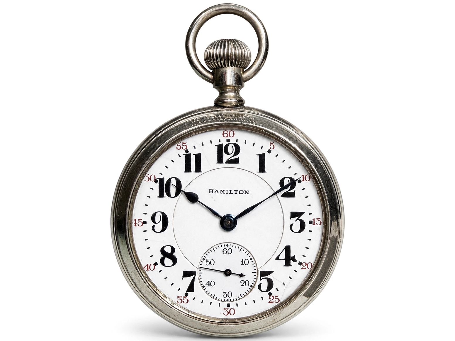 Open-face pocket watch with white dial, bold Arabic numerals, subsidiary seconds dial, and polished metal case.