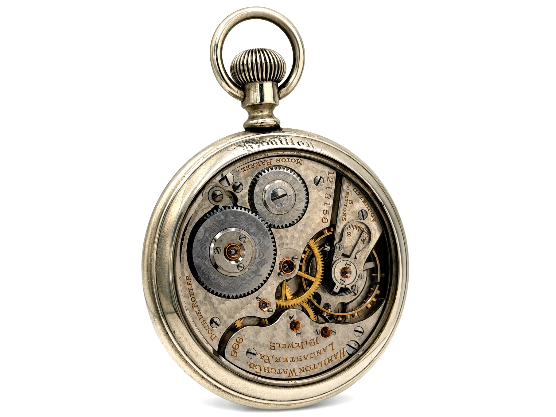 Exposed pocket watch movement showing jeweled escapement, steel gears, and gold-filled balance wheel with ornate open-face case.
