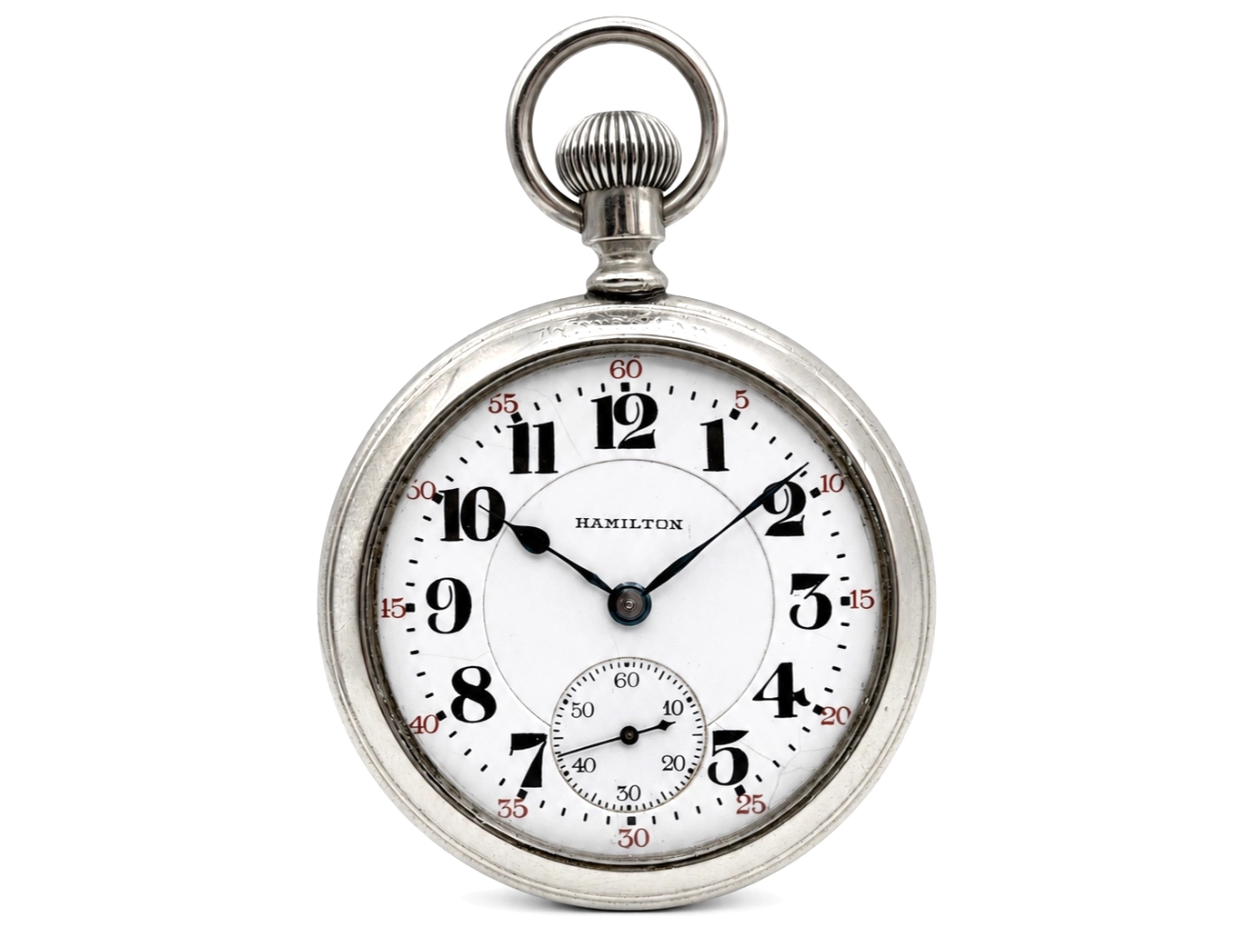Hamilton pocket watch with white dial, Arabic numerals, subsidiary seconds dial, and metal case with hinged crown.