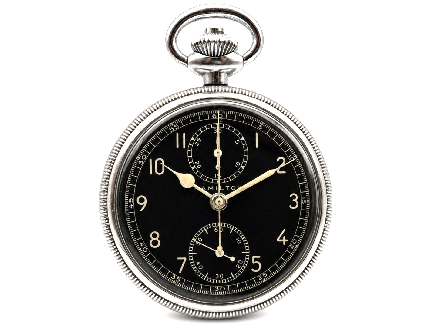 Pocket watch with black dial, two subdials, Arabic numerals, and luminous hands in silver case.