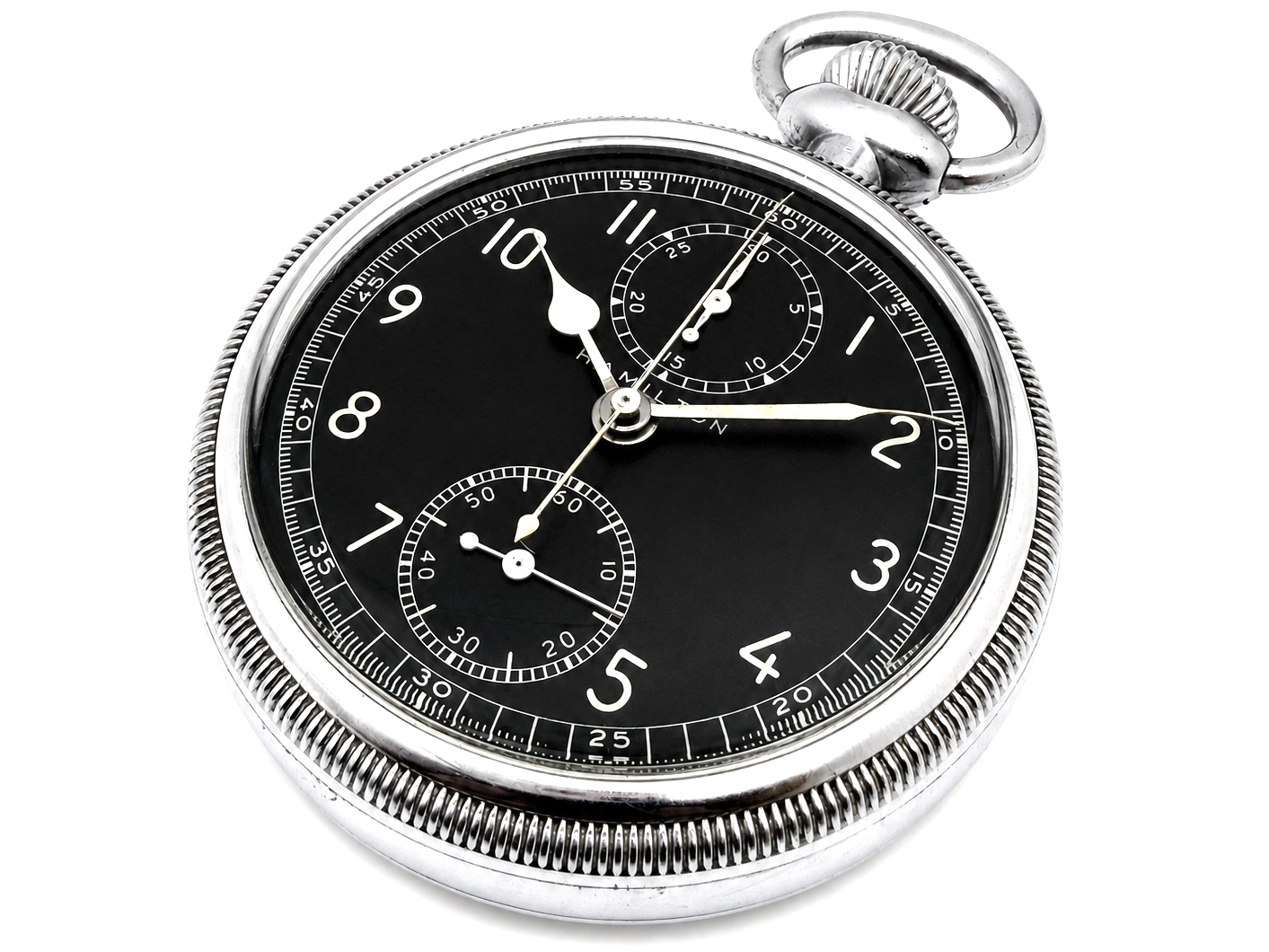 Chronograph pocket watch with black dial, Arabic numerals, two subsidiary dials, and telemeter scale.