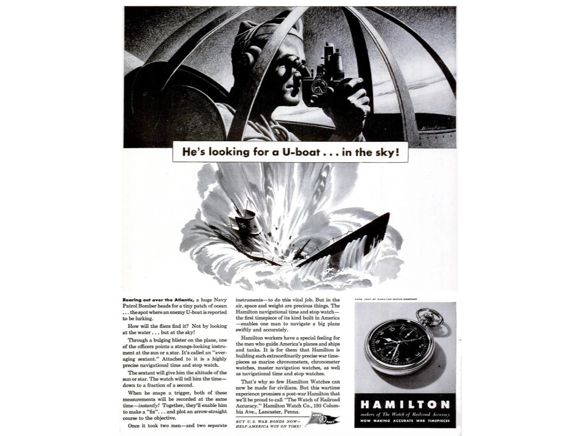 Vintage Hamilton watch advertisement featuring a military aircraft scene and pocket watch product shot.