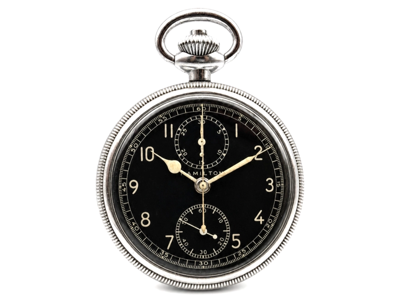 Silver pocket watch with black dial, luminous Arabic numerals, chronograph subdials at top and bottom, and yellow hands.